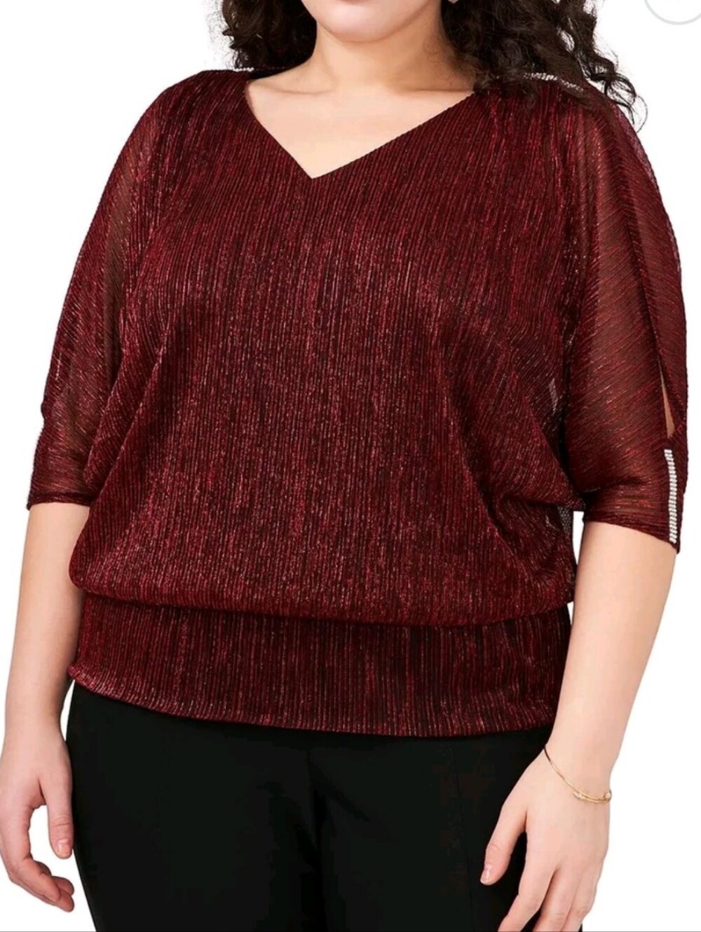 MSK Women's Red Metallic Shimmer V Neck Rhinestone Split Sleeves Blouse Size 1X